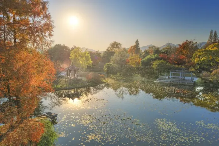 Framed Print : Elevated view of small pagoda in autumn in a wide park scene in Hangzhou, Zhejiang, China, Asia Framed Print : Elevated view of small pagoda in autumn in a wide park scene in Hangzhou, Zhejiang, China, Asia