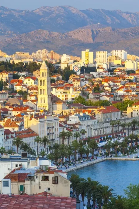 Framed Print : Elevated view over Splits picturesque Stari Grad and harbour illuminated at sunset, Split, Dalmatia, Croatia, Europe Framed Print : Elevated view over Splits picturesque Stari Grad and harbour illuminated at sunset, Split, Dalmatia, Croatia, Europe