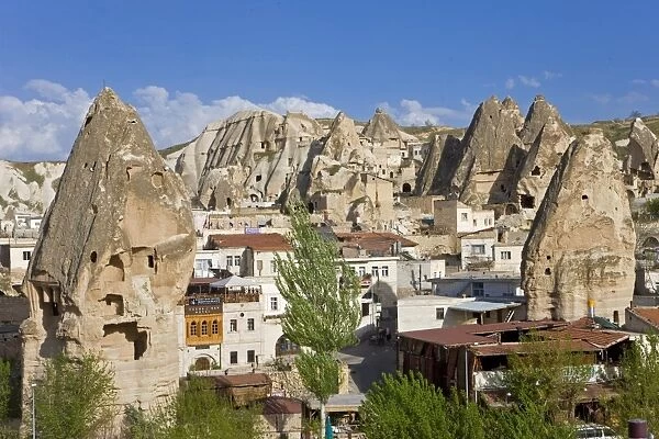 Elevated view over the town of Goreme and Tufa rock formations in Cappadocia
