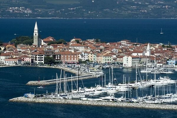 An elevated view of the town of Isola overlooking Adriatic Sea, Isola, Slovenia, Europe