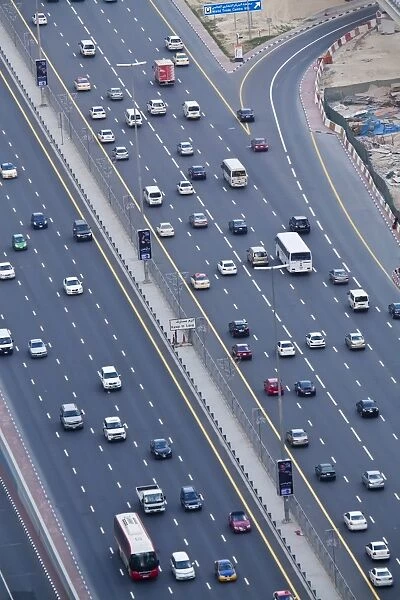 Elevated view of traffic along Sheikh Zayed Road, Dubai, United Arab Emirates