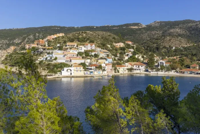 Framed Print : Elevated view over the village of Assos, Kefalonia, Ionian Islands, Greek Islands, Greece, Europe Framed Print : Elevated view over the village of Assos, Kefalonia, Ionian Islands, Greek Islands, Greece, Europe