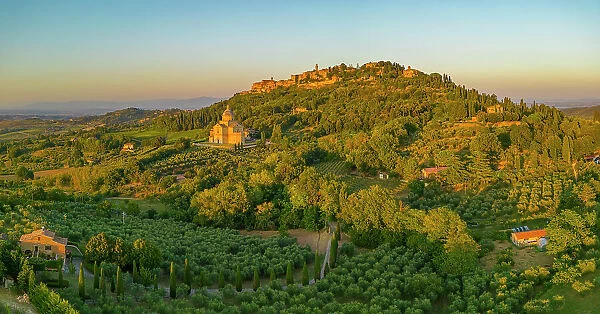 Elevated view of vineyards, olive groves and Montepulciano at sunset, Montepulciano, Tuscany, Italy, Europe