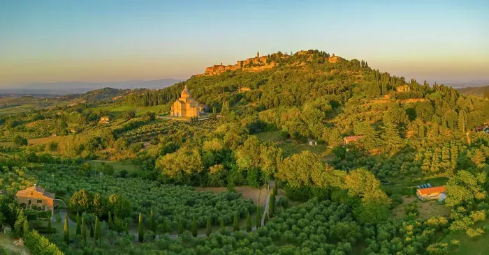 Framed Print : Elevated view of vineyards, olive groves and Montepulciano at sunset, Montepulciano, Tuscany, Italy, Europe Framed Print : Elevated view of vineyards, olive groves and Montepulciano at sunset, Montepulciano, Tuscany, Italy, Europe