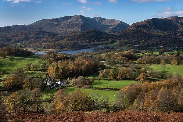 Elter Water, Wetherlam and Tilberthwaite Fells from Loughrigg Fell in autumn, Lake District National Park, UNESCO World Heritage Site, Cumbria, England, United Kingdom, Europe