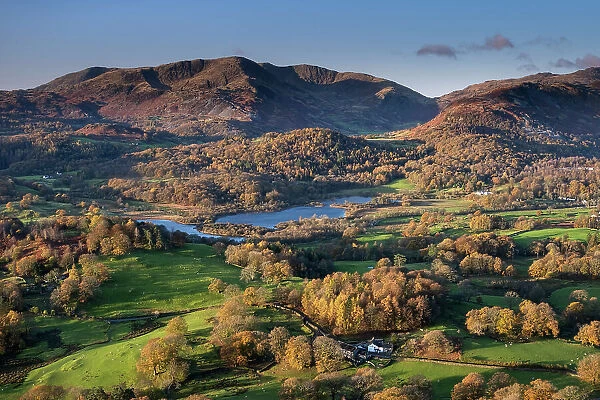 Elter Water, Wetherlam and Tilberthwaite Fells from Loughrigg Fell in autumn, Lake District National Park, UNESCO World Heritage Site, Cumbria, England, United Kingdom, Europe