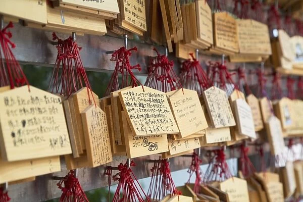 Ema (prayer cards) at Shinto shrine of Sumiyoshi Taisha, Osaka, Kansai, Japan, Asia