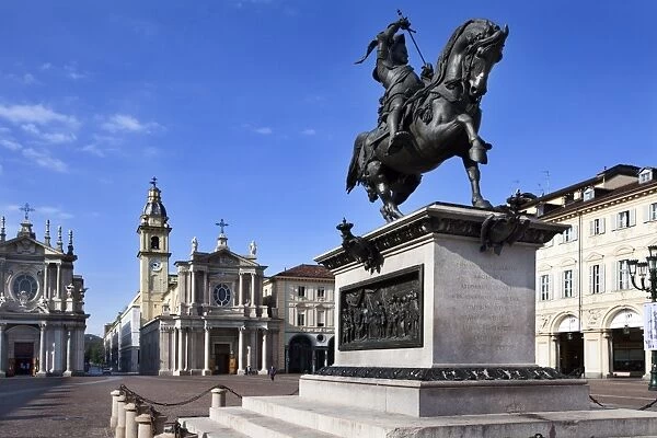 Emanuele Filiberto Statue and Santa Cristina and San Carlo Churches in Piazza San Carlo, Turin, Piedmont, Italy, Europe