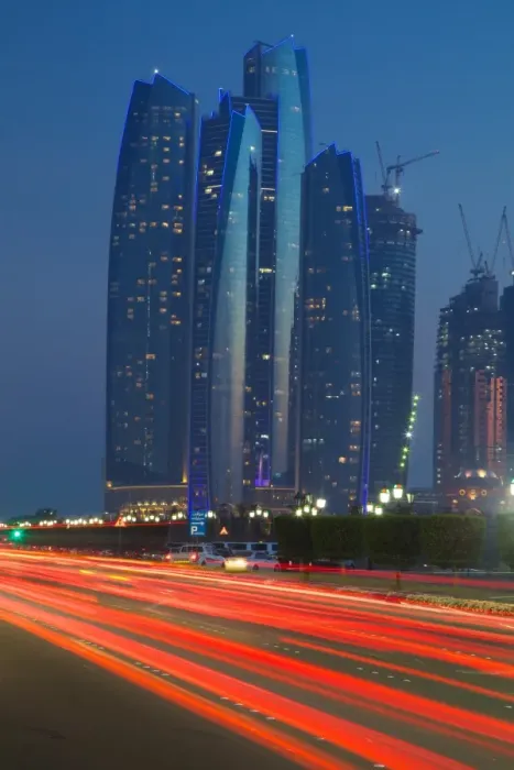 Framed Print : Emirate Towers and car tail lights at night, Abu Dhabi, United Arab Emirates, Middle East Framed Print : Emirate Towers and car tail lights at night, Abu Dhabi, United Arab Emirates, Middle East