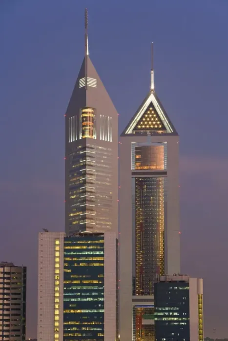 Framed Print : Emirates Towers on Sheikh Zayed Road illuminated at dusk Framed Print : Emirates Towers on Sheikh Zayed Road illuminated at dusk