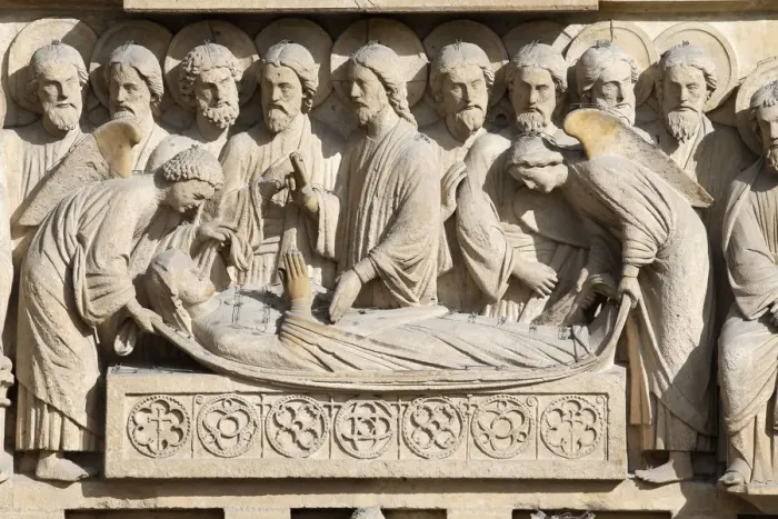 Framed Print : Entombment, upper lintel, Virgin portal, Western facade, Notre Dame de Paris Cathedral