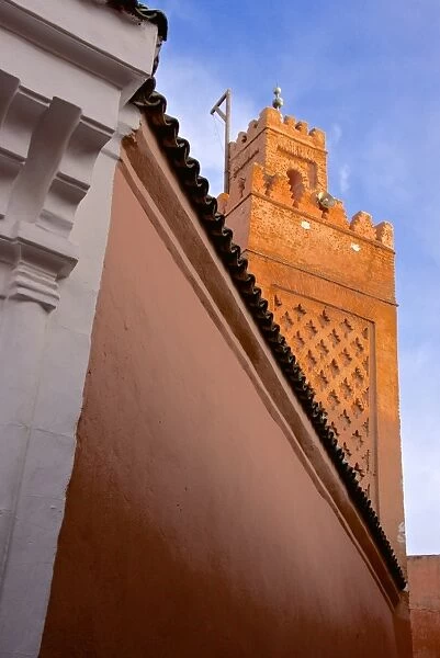 Detail of entrance of Khosta Mosque, and minaret, Medina, Marrakech, Morocco, North Africa, Africa