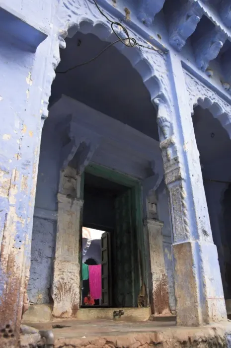 Framed Print : Entrance porch of blue painted residential haveli Framed Print : Entrance porch of blue painted residential haveli
