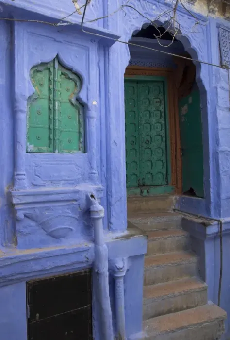 Framed Print : Entrance porch and window of blue painted haveli Framed Print : Entrance porch and window of blue painted haveli