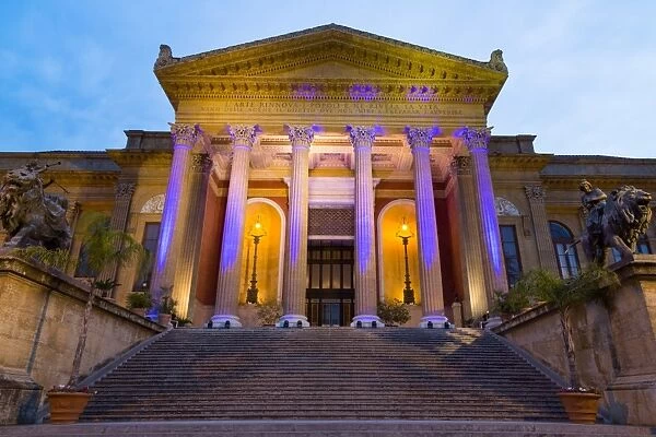 Entrance to Teatro Massimo at night, one of the largest opera houses in Europe, Palermo
