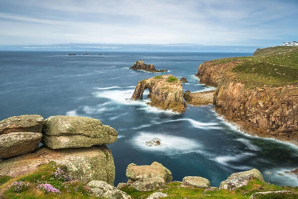 Enys Dodnan and the Armed Knight rock formations at Lands End, Cornwall, England