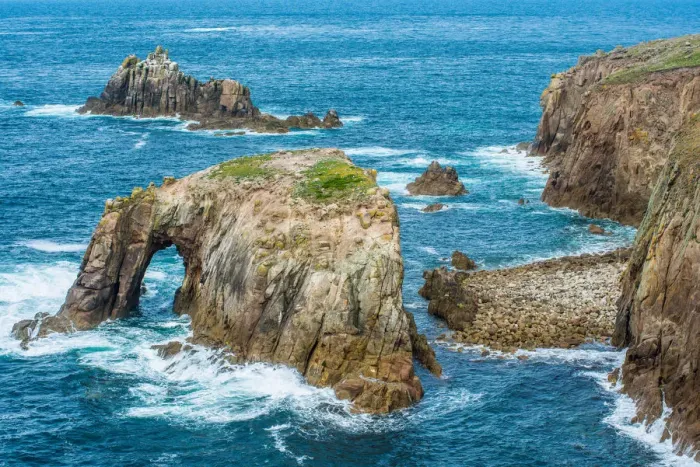 Framed Print : Enys Dodnan and the Armed Knight rock formations at Lands End, Cornwall, England Framed Print : Enys Dodnan and the Armed Knight rock formations at Lands End, Cornwall, England