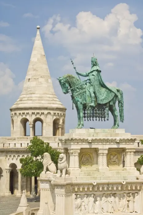 Framed Print : Equestrian statue of King Stephen with the towers and conical turrets of the neo-romanesque Fishermens Bastion, built by Frigyes Schulek in 1895, Budapest Framed Print : Equestrian statue of King Stephen with the towers and conical turrets of the neo-romanesque Fishermens Bastion, built by Frigyes Schulek in 1895, Budapest