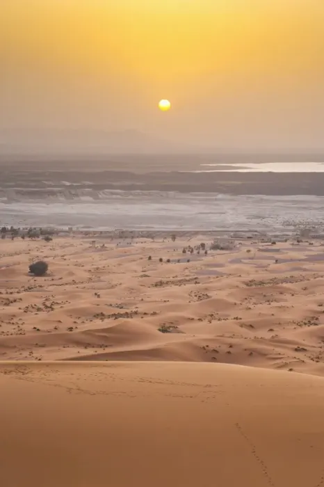Framed Print : Erg Chebbi Sahara Desert sunset from the top of a 150m sand dune, near Merzouga, Morocco, North Africa, Africa
