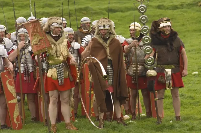 Framed Print : Ermine Street Guard, at ease, with Standard Bearers and Trumpeter, Birdoswald Roman Fort Framed Print : Ermine Street Guard, at ease, with Standard Bearers and Trumpeter, Birdoswald Roman Fort