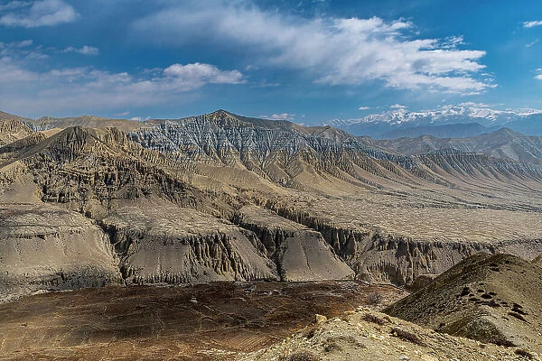 Eroded mountain landscape in the Kingdom of Mustang, Himalayas, Nepal, Asia