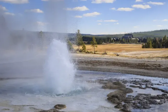 Framed Print : Erupting geyser and Old Faithful Inn, Upper Geyser Basin, Yellowstone National Park, UNESCO World Heritage Site, Wyoming, United States of America, North America Framed Print : Erupting geyser and Old Faithful Inn, Upper Geyser Basin, Yellowstone National Park, UNESCO World Heritage Site, Wyoming, United States of America, North America