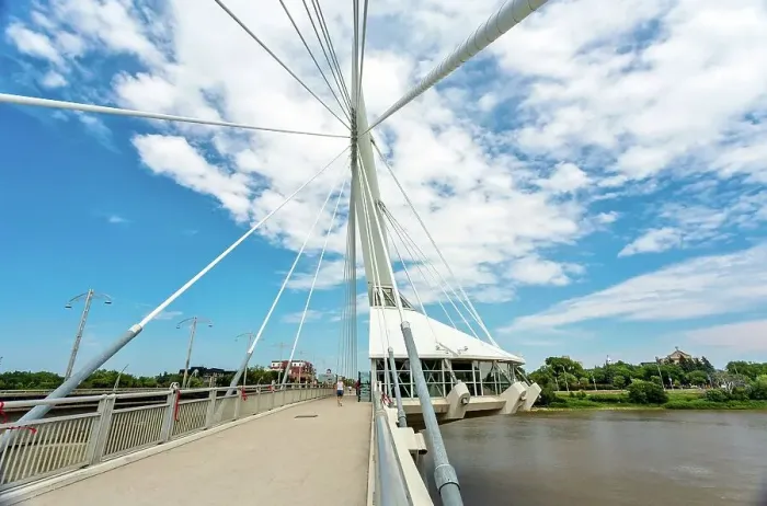 Framed Print : The Esplanade Riel suspended pedestrian footbridge over the Red River, completed 2003, linking central Winnipeg to St. Boniface district, Winnipeg, Manitoba, Canada, North America