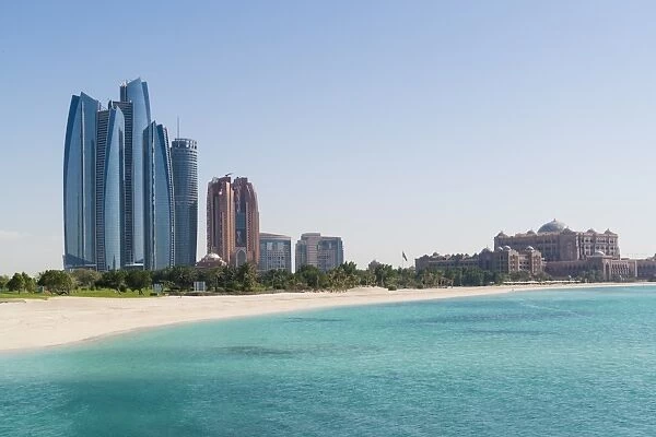 Etihad Towers, Emirates Palace Hotel and beach, Abu Dhabi, United Arab Emirates
