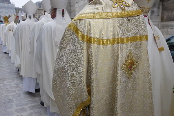 European bishops procession into Notre Dame de Paris cathedral, Paris, France
