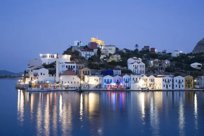 Framed Print : Evening, buildings at Harbour Entrance, Kastellorizo (Megisti) Island, Dodecanese Group Framed Print : Evening, buildings at Harbour Entrance, Kastellorizo (Megisti) Island, Dodecanese Group