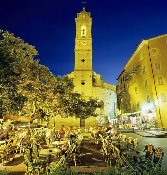 Evening cafe scene in main square of old town, Porto Vecchio, South East Corsica, Corsica, France, Europe