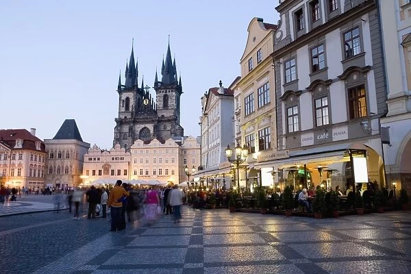 Evening, cafes, Old Town Square, Church of Our Lady before Tyn, Old Town