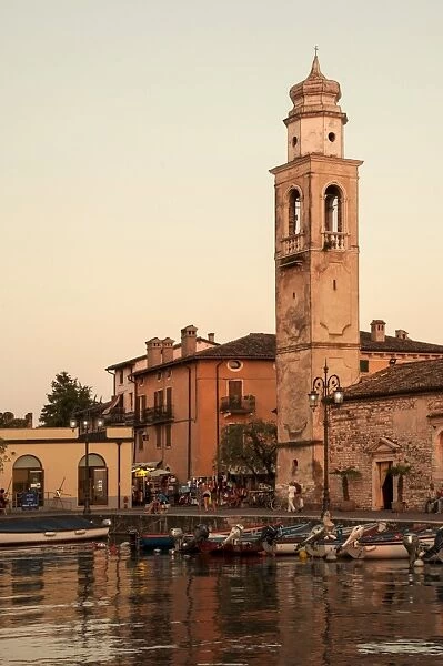 Evening, harbour view to the bell tower, Lazise, Lake Garda, Italian Lakes, Lombardy, Italy, Europe