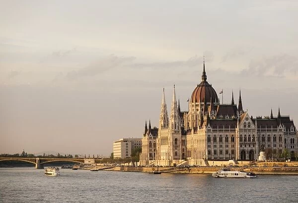 Evening light on the Hungarian Parliament Building and Danube River, Budapest, Hungary