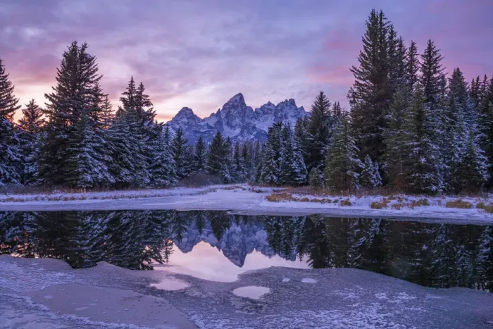 Framed Print : Evening light, reflection of Teton Range in icy pond, Schwabachers Landing Framed Print : Evening light, reflection of Teton Range in icy pond, Schwabachers Landing