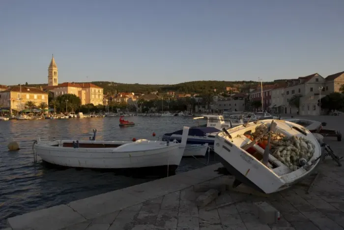 Framed Print : Evening light in Supetar, with fishing boats in foreground, Brac, Dalmatian Coast Framed Print : Evening light in Supetar, with fishing boats in foreground, Brac, Dalmatian Coast