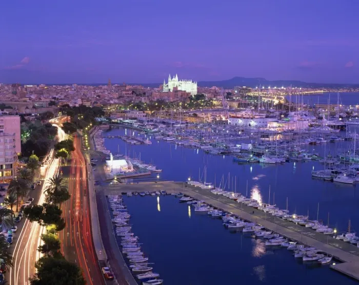 Framed Print : Evening lights, with boats in the marina and Palma cathedral across the bay Framed Print : Evening lights, with boats in the marina and Palma cathedral across the bay