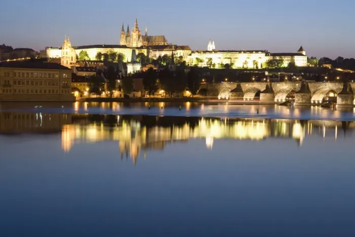 Framed Print : Evening reflection in River Vltava of St. Vituss Cathedral, Royal Palace Framed Print : Evening reflection in River Vltava of St. Vituss Cathedral, Royal Palace