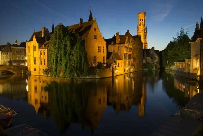 Framed Print : Evening reflections on Rozenhoedkaai, with Belfry (Belfort) Tower, UNESCO World Heritage Site