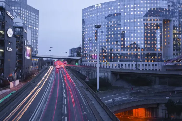 Framed Print : Evening traffic flowing through the La Defense area of Paris, France, Europe Framed Print : Evening traffic flowing through the La Defense area of Paris, France, Europe