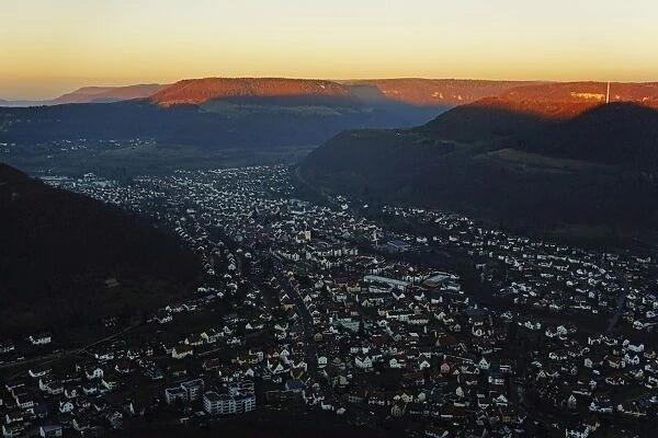 Evening view of Lichtenstein village, Swabian Alb, Baden-Wurttemberg, Germany, Europe
