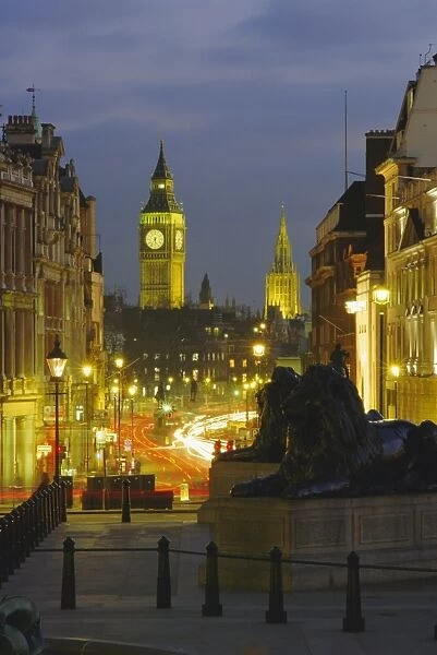 Evening view from Trafalgar Square down Whitehall with Big Ben in the background