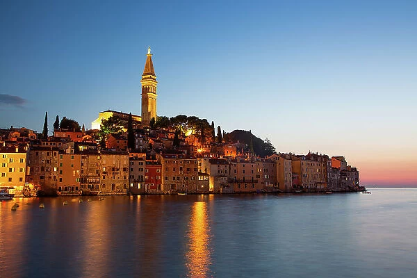 Evening, Waterfront and Tower of Church of St. Euphemia, Old Town, Rovinj, Croatia, Europe
