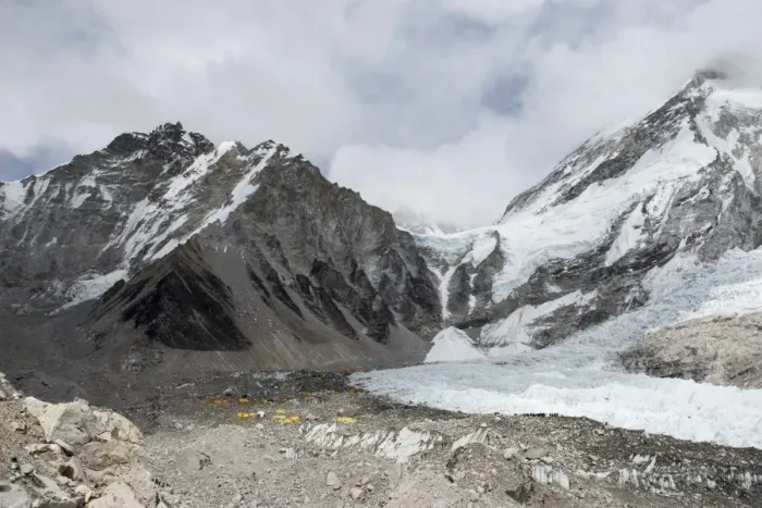 Framed Print : Everest Base Camp at 5350m seen here as a scattering of tents in the distance Framed Print : Everest Base Camp at 5350m seen here as a scattering of tents in the distance
