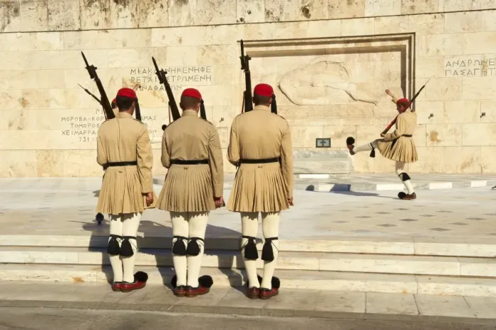 Framed Print : Evzone, Greek guards during the changing of the guard ceremony, Syntagma Square