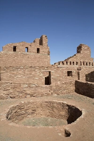 An excavated kiva in the foreground, Mission of San Gregorio de Abo, founded in the late 1620s, Salinas Pueblo Missions National Monument, New Mexico, United States of America, North America