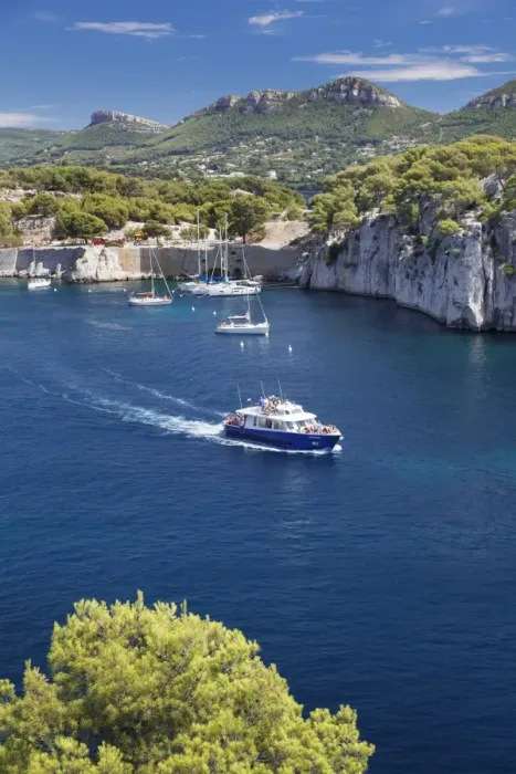 Framed Print : Excursion boat, Les Calanques de Port-Miou, National Park Calanque de Port-Pin, Cassis Framed Print : Excursion boat, Les Calanques de Port-Miou, National Park Calanque de Port-Pin, Cassis