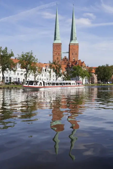 Framed Print : Excursion boat on the River Trave and cathedral, Stadttrave, Lubeck, Schleswig Holstein, Germany, Europe Framed Print : Excursion boat on the River Trave and cathedral, Stadttrave, Lubeck, Schleswig Holstein, Germany, Europe