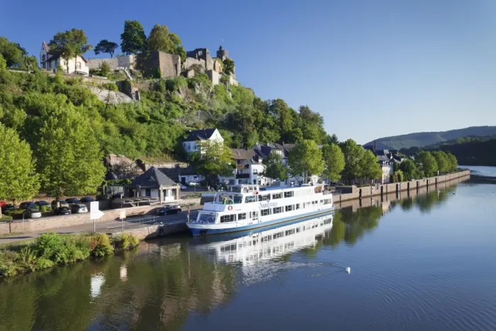 Framed Print : Excursion boat on Saar River, castle ruin, Saarburg, Rhineland-Palatinate, Germany Framed Print : Excursion boat on Saar River, castle ruin, Saarburg, Rhineland-Palatinate, Germany