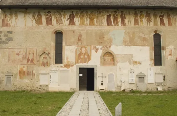 Framed Print : Extensive fresco treatment of the exterior of the ancient church of Chiesa di Vigilio